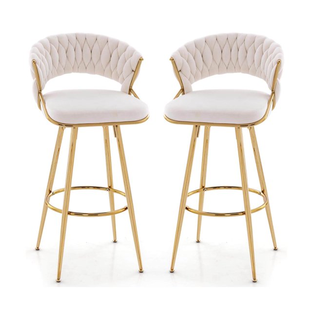 Gymax 2PCS Velvet Bar Stool 29'' Bar Height Stools Metal Legs w/ Woven Backrest & Gold Beige