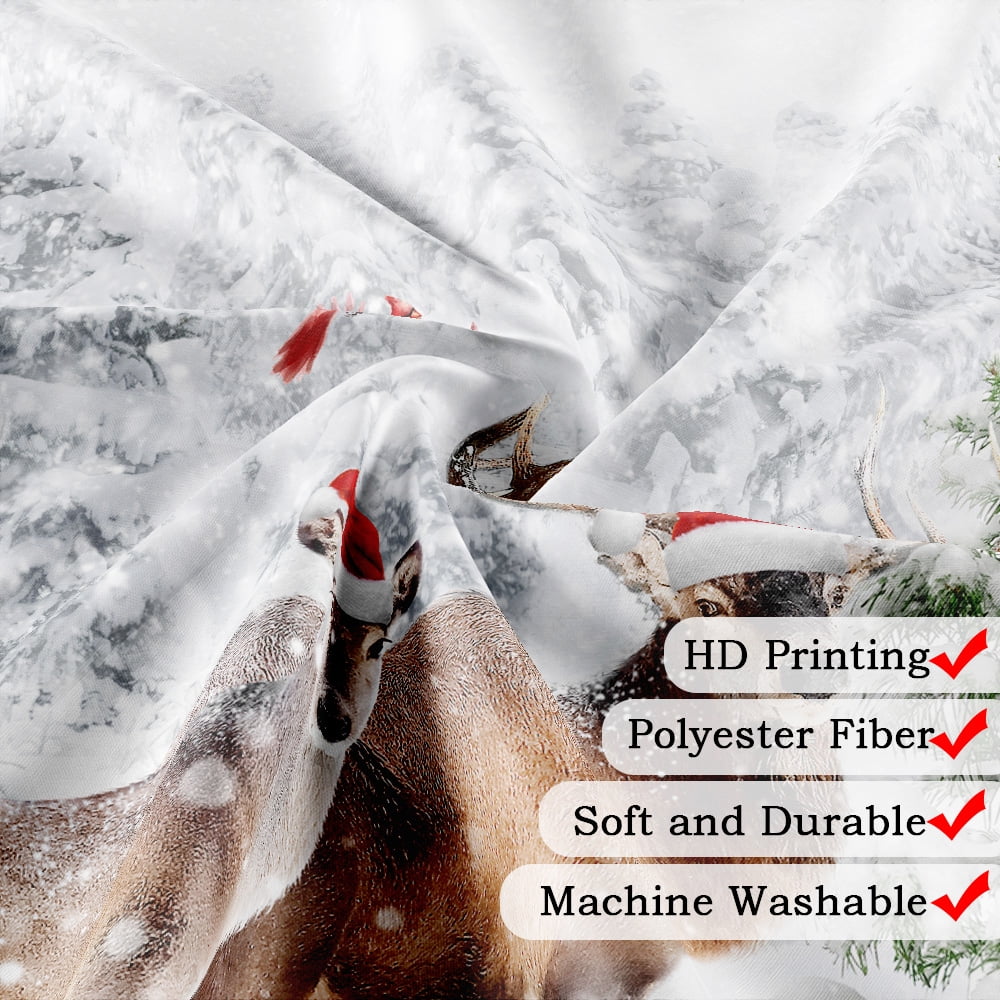 Winter Christmas Shower Curtain Set, Natural Winter Forest Snowflake Christmas Shower Curtain for Bathroom, Funny Cute Deer Christmas Bathroom Decor Waterproof Fabric Bathtub Sets with Hooks,70X70IN