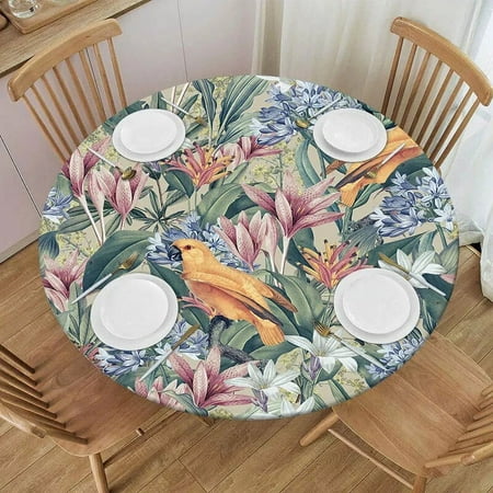 

Flower Birds Round Tablecloth Waterproof Elastic Dining Table Decoration Accessories Boho Style chen Dining Room Decor