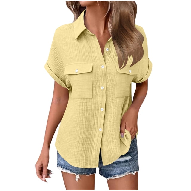Craaazy Women's Relaxed Fit Collared Blouse, Solid Color Short Sleeve Button Down Top, Loose Comfy Cotton Casual Shirt with Pockets for Summer Gifts