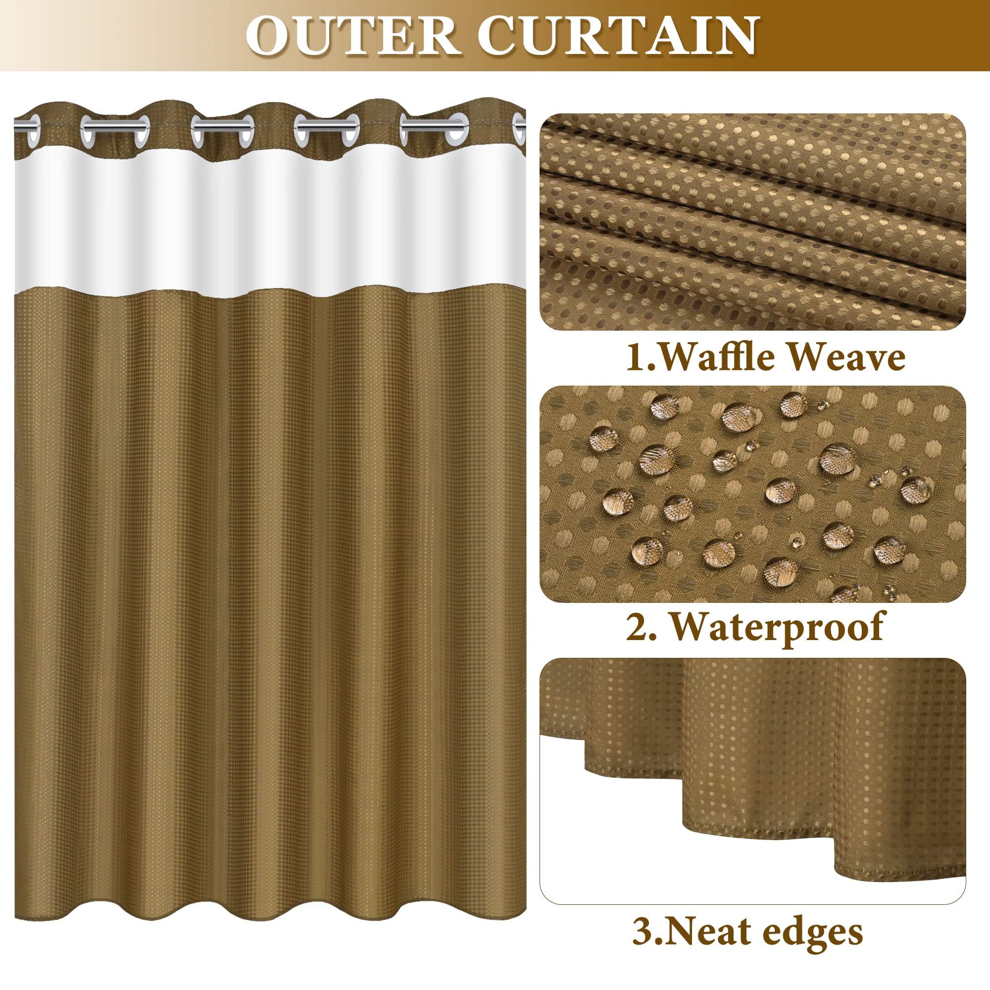 Ikfashoni Hookless Shower Curtain with Snap in Liner,Brown Waffle Weave Waterproof Fabric Mesh Window Bathroom Curtain,72"X78"
