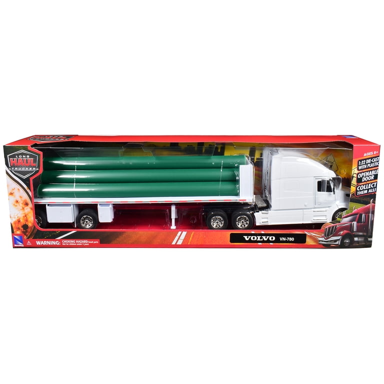 Volvo VN-780 Truck with Flatbed Trailer and Long Pipes White 