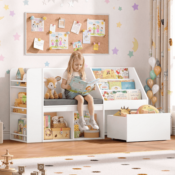 Hiphuta 49"W Kids Bookcase with Reading Nook & Side Storage, Toy Storage Organizer with Book Rack & Drawer for Kids Room