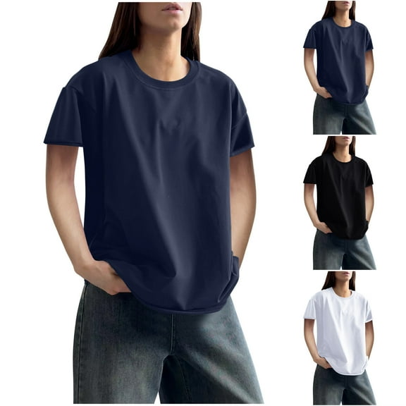 Antinious Summer Tops for Women Trendy,Sweatshirt for Women,Ladies Fashionable Solid Loose Casual Crewneck Short Sleeved Shirt,Navy,S