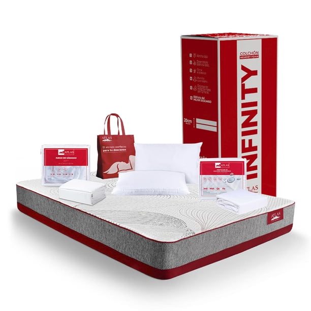 Colchón en Caja Atlas del Descanso Queen Size Infinity 20 cm + Almohada, Protector y Juego Sábanas Soft