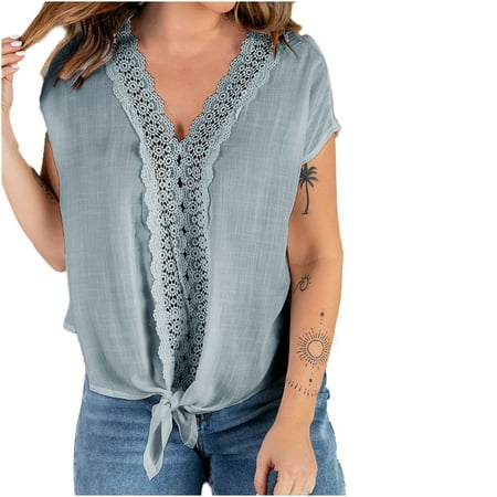 

Plus Size Tops for Women Womens Shirts Women Solid Solor V-Neck Lace Crochet Eyelet Hollow Out Short Sleeve Casual Shirts Blouses Tops Nursing Tank Tops Clearance 2022 Black Corset Top Green 2XL