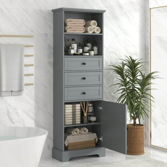 Xukmct Bathroom Storage Cabinet with 3 Drawers and Adjustable Shelves，Tall Storage Cabinet for Bathroom, Study, Office, Gray