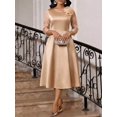 thumbnail image 5 of Khaki Womens Elegant Floral Appliqué Midi Dress With Sheer 3/4 Sleeves And A-Line Skirt For Wedding Cocktail, 5 of 7