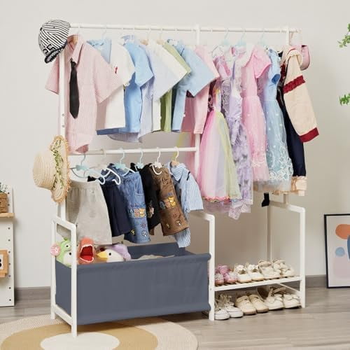 Kids Clothing Rack with Storage, Baby Clothes Rack Organizer Made of Natural Bamboo, Adjustable Hanging Rods for Dresses, Jackets, T-Shirts, Child Safe kids closet for Bedroom or Playroom