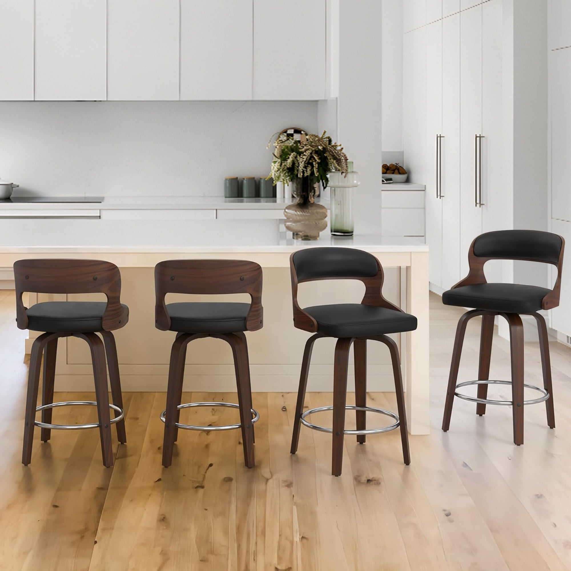 FANCROU 26 inch Swivel Counter Height Bar Stools Set Of 4, PU Leather Seat With Bentwood Back And Legs, Black