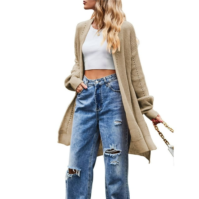Cárdigan de Mujer, Estilo Oversize, Abierto por Delante Caqui M