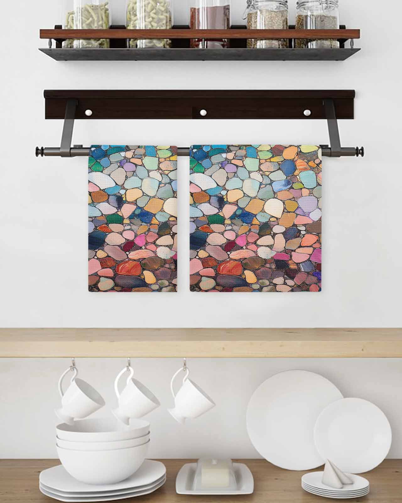Colorful Stone Hand Towels Set,Waffle Weave Kitchen Towels 2 Pieces,Microfiber Hair Face Bath Tea Towel Absorbent Quick Drying Cleaning Dish Cloths,Rainbow Abstract Oil Painting Brushwork 15.7"x23.6"