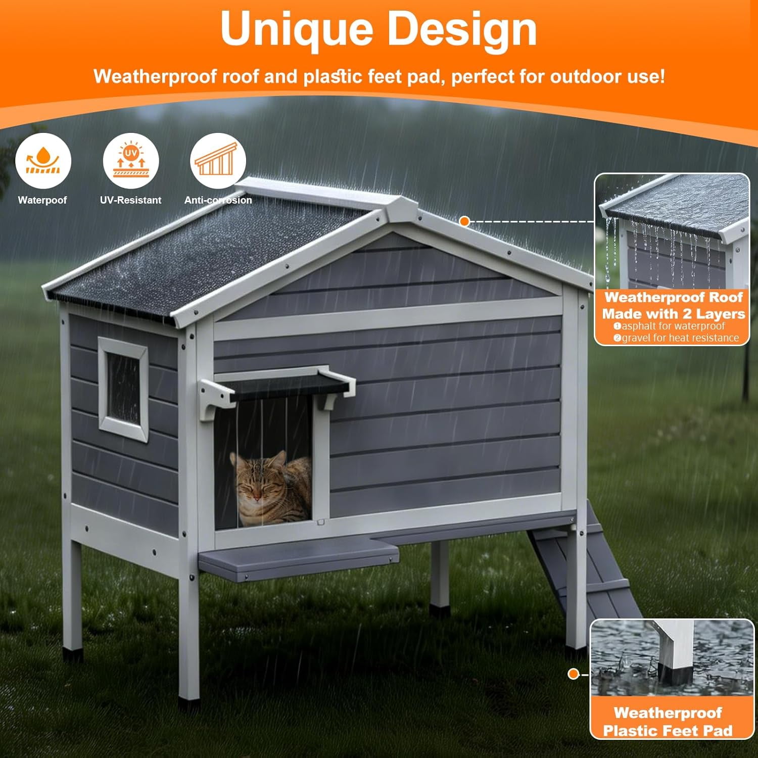 HomeSheek 32.6" Large Outdoor Cat House with Ramp, Weatherproof Shelter, Easy Assembly & Cleaning, Spacious Indoor/Outdoor Home with Side Door
