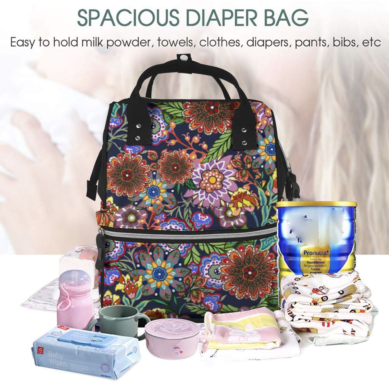 Ratiio Vintage Floral Mummy Backpack - Waterproof Twill Canvas, Large Capacity Diaper Bag with Multiple Pockets and Adjustable Straps