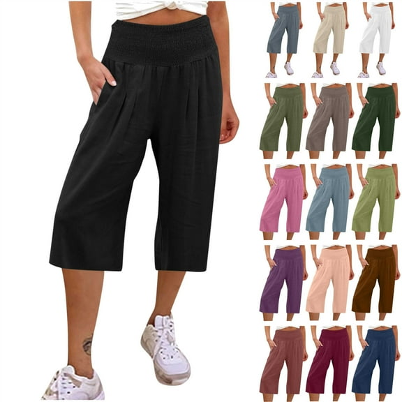 BiZtdJrK Capri Pants for Women Summer Loose Wide Leg Cropped Trousers Casual Elastic High Waisted Linen Capris with Pockets Beach Vacation Clothes Black XXL