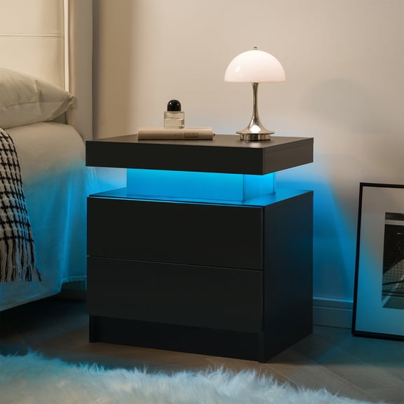 Hommoo Nightstand LED Bedside Table Cabinet with Lights, Modern End Side with 2 Drawers for Bedroom, Black