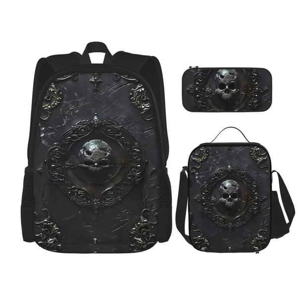 Disketp Ornate Dark Skull Book Mochila Estampada de Gran Capacidad con Lonchera y Estuche, Set de 3 Piezas para Estudiantes