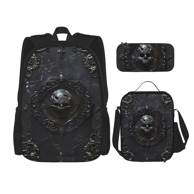 Disketp Ornate Dark Skull Book Mochila Estampada de Gran Capacidad con Lonchera y Estuche, Set de 3 Piezas para Estudiantes
