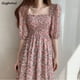 thumbnail image 2 of S-3XL Floral Chiffon Dress Women Sweet Puff Sleeve Empire Vintage Fairy Slim Square Collar Vestido Pink Temperament Elegant ChicXL Gao Jinjia LED, 2 of 2