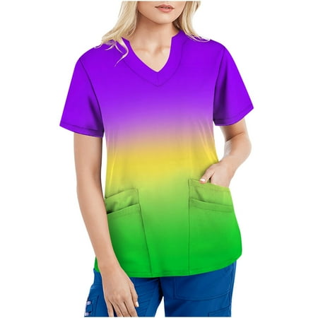 

Akklian Scrubs Top for Women Working Uniform with Pockets Short Sleeve V-Neck Tops Gradient Rainbow Blouse Summer Saving Clearance