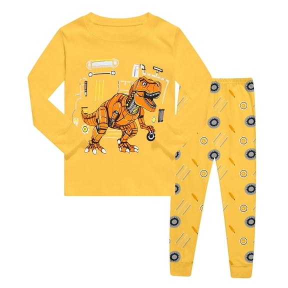 WRTFVZA 5T Boys Pajamas 4-5 Years Big Boy Dinosaur Pajamas Excavator Long Sleeve Pajamas Long Sleeve Pajamas for Girls Comfy Fit Nightwear 2pcs Sleepwear Clothes Set # Yellow