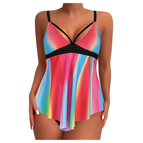 yueewhu Womens Two Piece Tankini Swimsuits Modest Flowy Swimdress V Neck Push Up Tops Tummy Control Bathing Suits with Shorts (Multicolour, L)