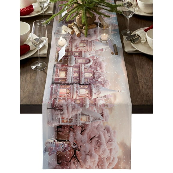 Christmas House, Table Runner Blush Pink Romantic Snowflake Tablerunners 18 x 72 Inch, Table Decorations Tabletop Scarf for Summer Gathering Holiday Farmhouse Kitchen Dining Decor