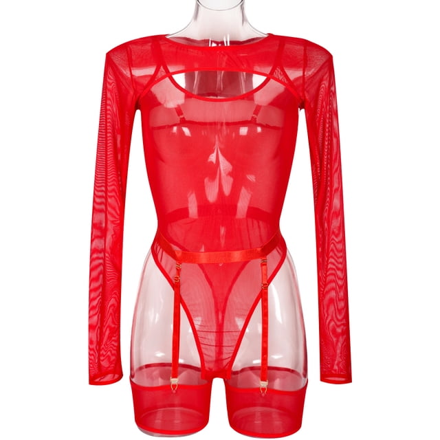 Conjunto de lencería sexy de tres piezas con mono de tirantes y manga larga con cubierta transparente de malla elástica de estilo europeo y americano