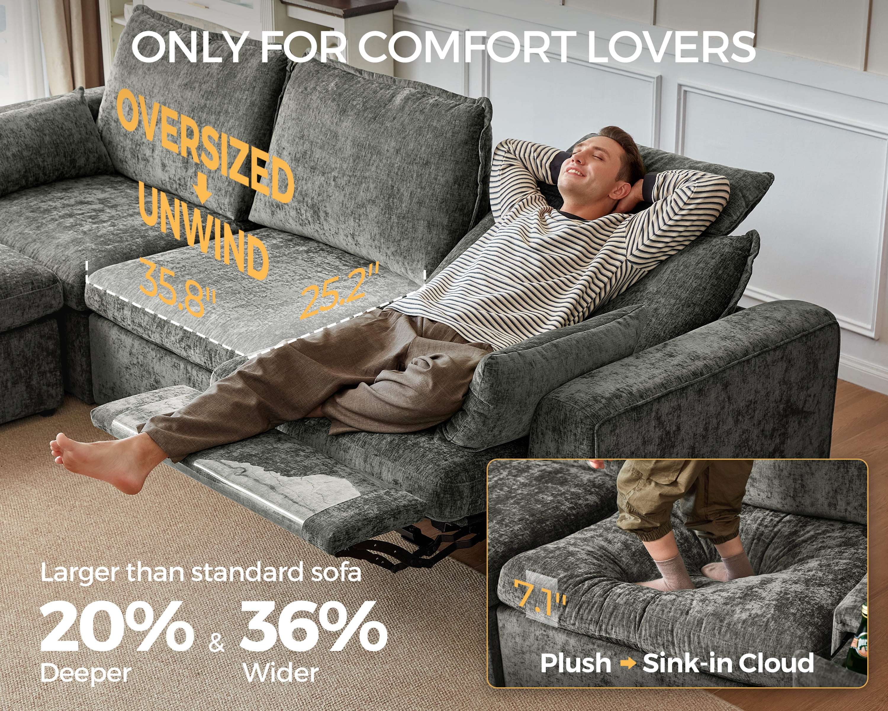 BEDEEP 133.9'' Power Recliner Sofa with Headrest Console, Modular Cloud Sectional Chenille Reclining Couch with Storage Ottoman Chaise, Convertible 6-Seater Sofa Couch for Living Room RV, Gray