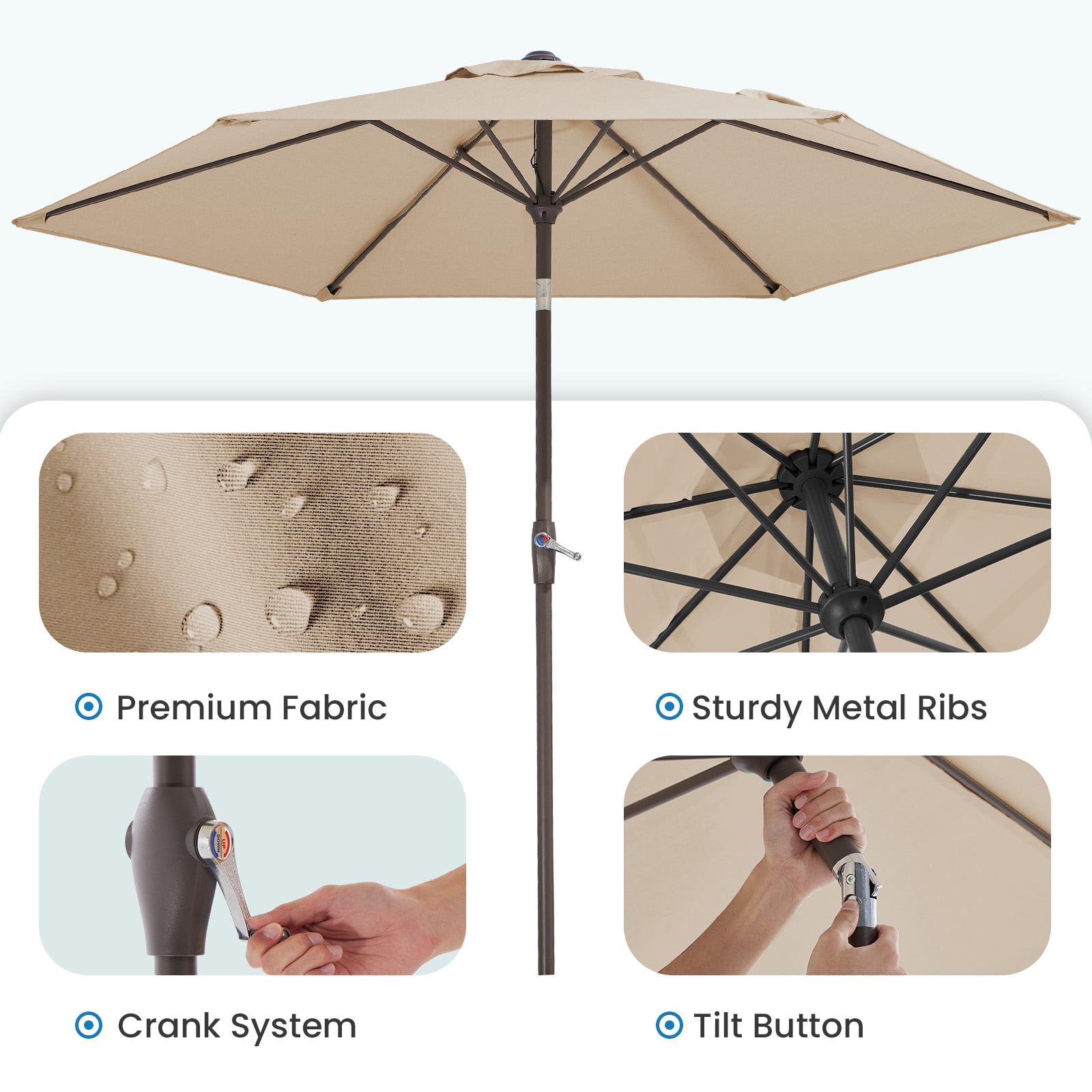 FUNDAZE 7.5' Outdoor Market Patio Umbrella with Push Button Tilt & Crank Lift, UV-Resistant Canopy for Garden, Backyard, Deck, Pool & Patio Dining, Beige