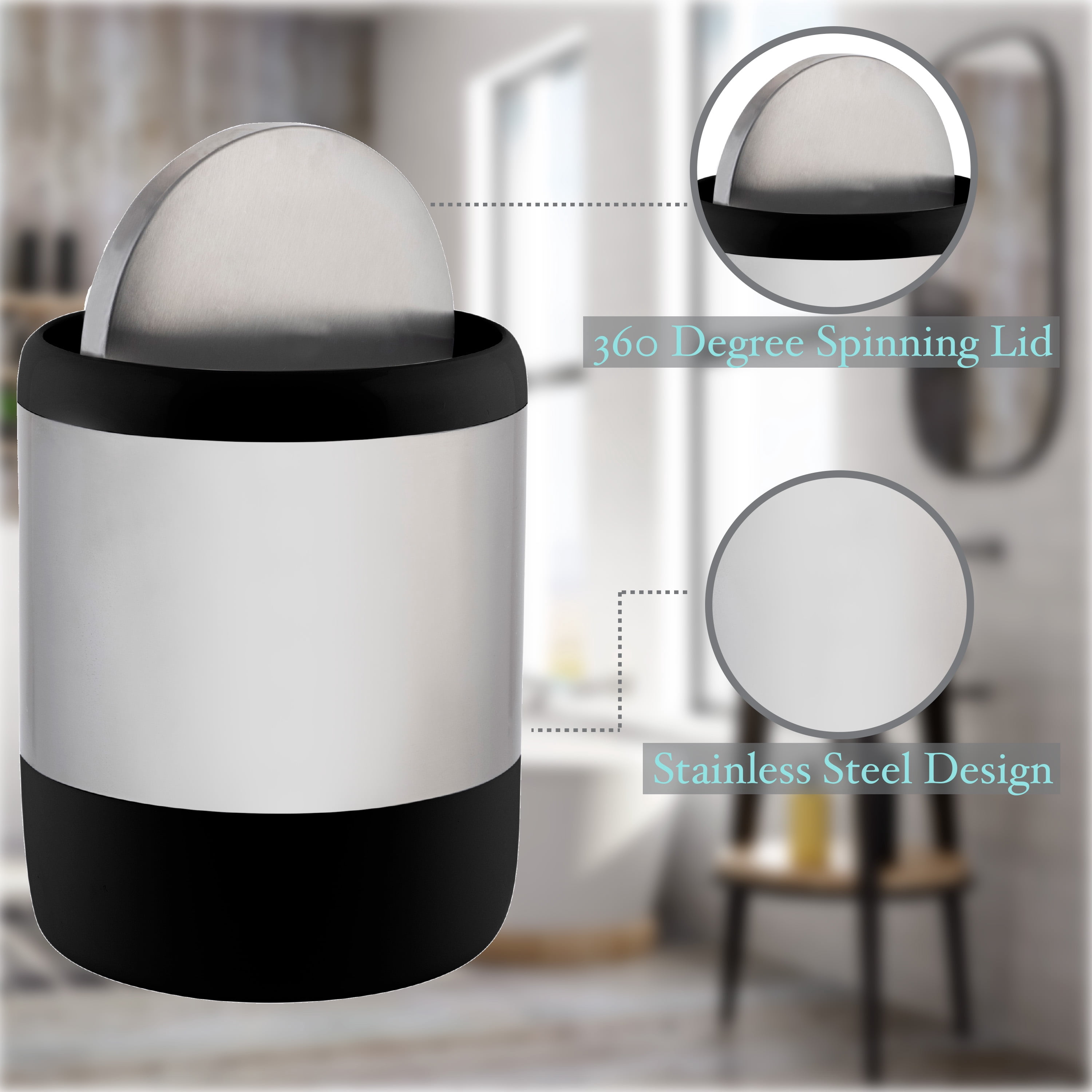 Bath Bliss Smooth Matte Stainless Steel Rotating Lid Waste Bin in Black
