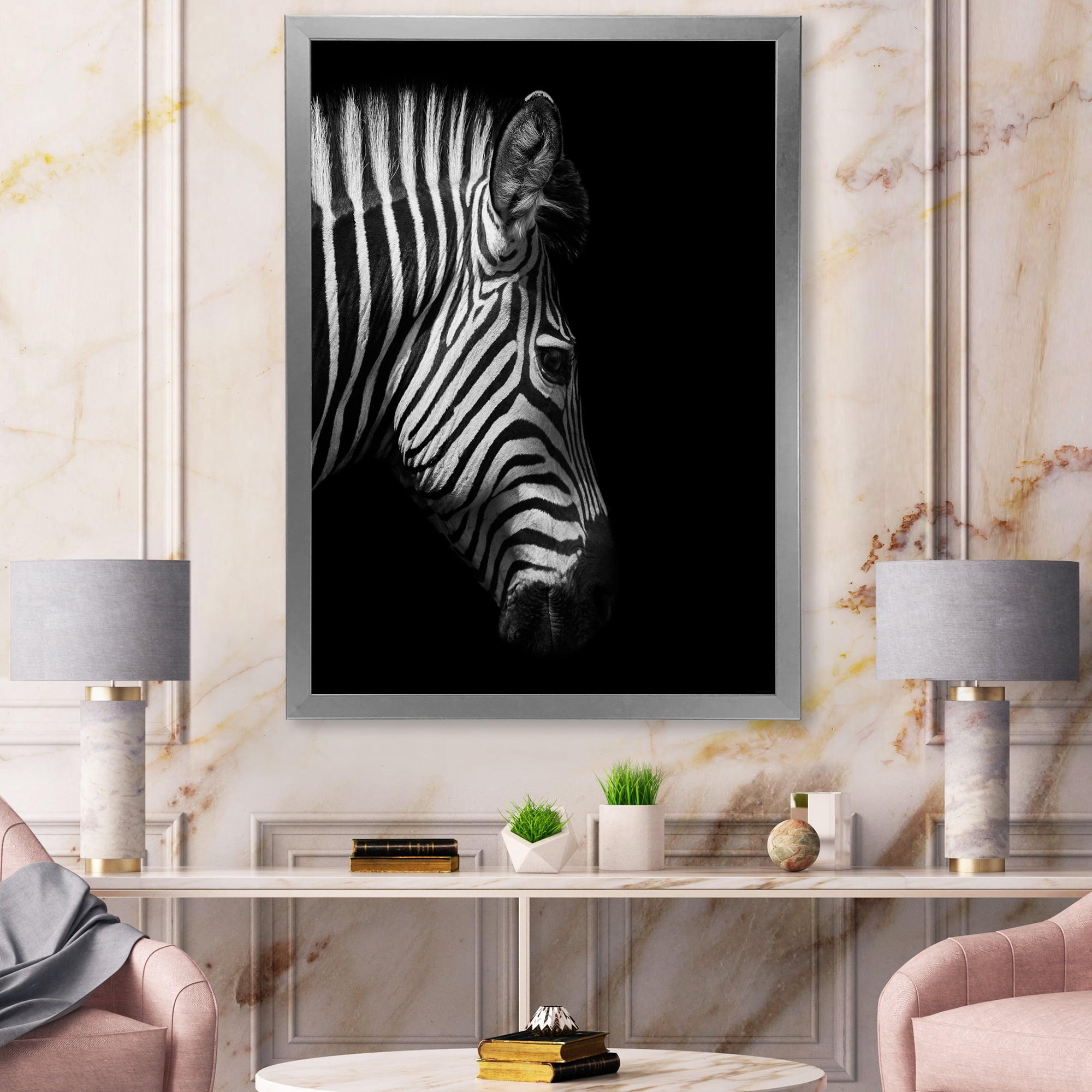 Designart 'Black and White Portrait of Zebra Head' Farmhouse Framed Art Print