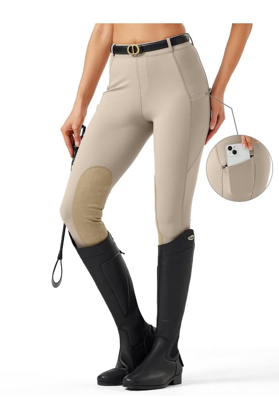 Women's Horse Riding Pants with Zipper Pockets Knee-Patch Schooling Tights Equestrian Breeches for Women khaki L
