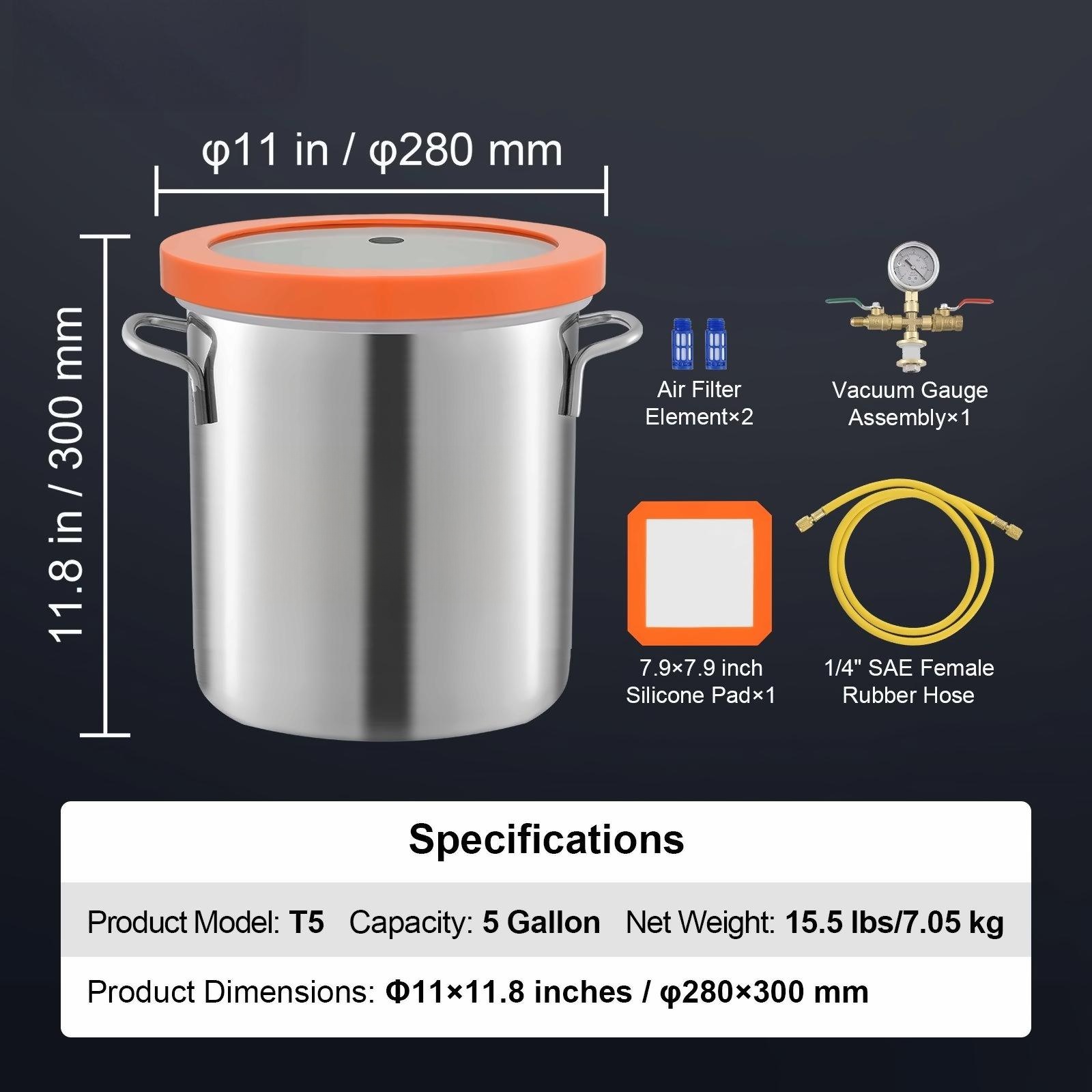 5 Gallon Vacuum Chamber Kit, Tempered Glass Lid, 304 Stainless Steel, for Resin, Wood, Silicone Degassing - 24hr Seal, Minimal Leakage, Vacuum Pump Ready