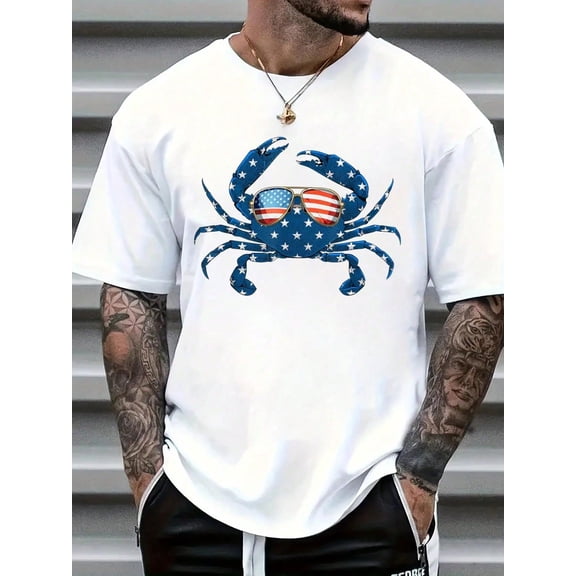 Patriotic Crab - 4th Of July USA Crustacean Seafood Crabbing T-Shirt Print T-Shirt Casual Crew Neck Short Sleeve Comfort Tee Top For Spring & Summer Men's Clothing