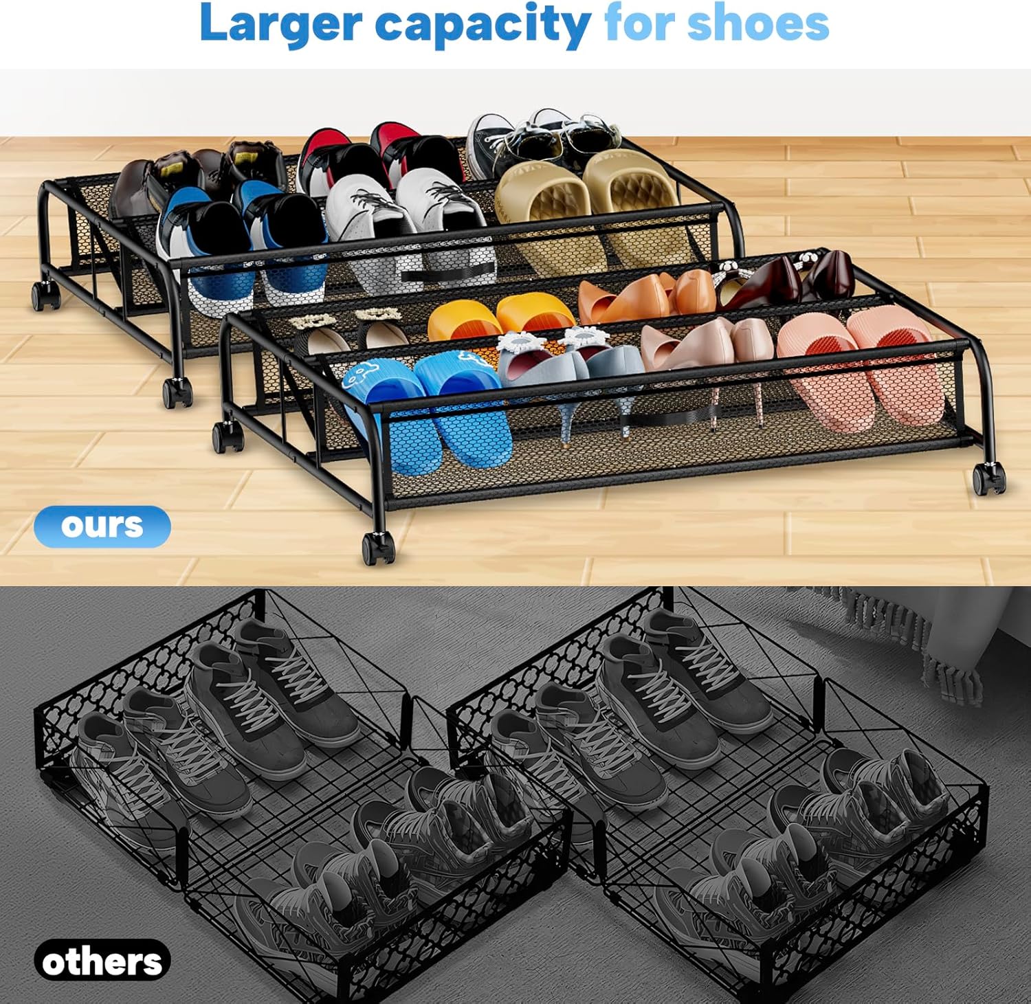 XZKING Under Bed Shoe Storage with Wheels 2 Pack Rolling Under Bed Storage Containers for Shoes Metal Shoe Rack Organizer Bedroom