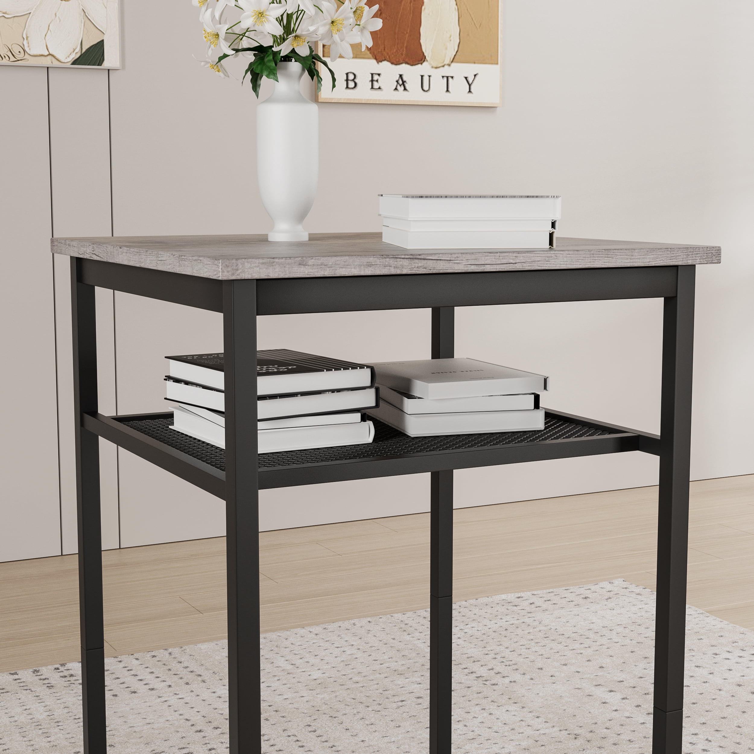 Bar Table Set of 2,Bistro Kitchen Table Sets,Wood Pub Bar Table Set with Storage Rack for Small Space, Apartment,Grey