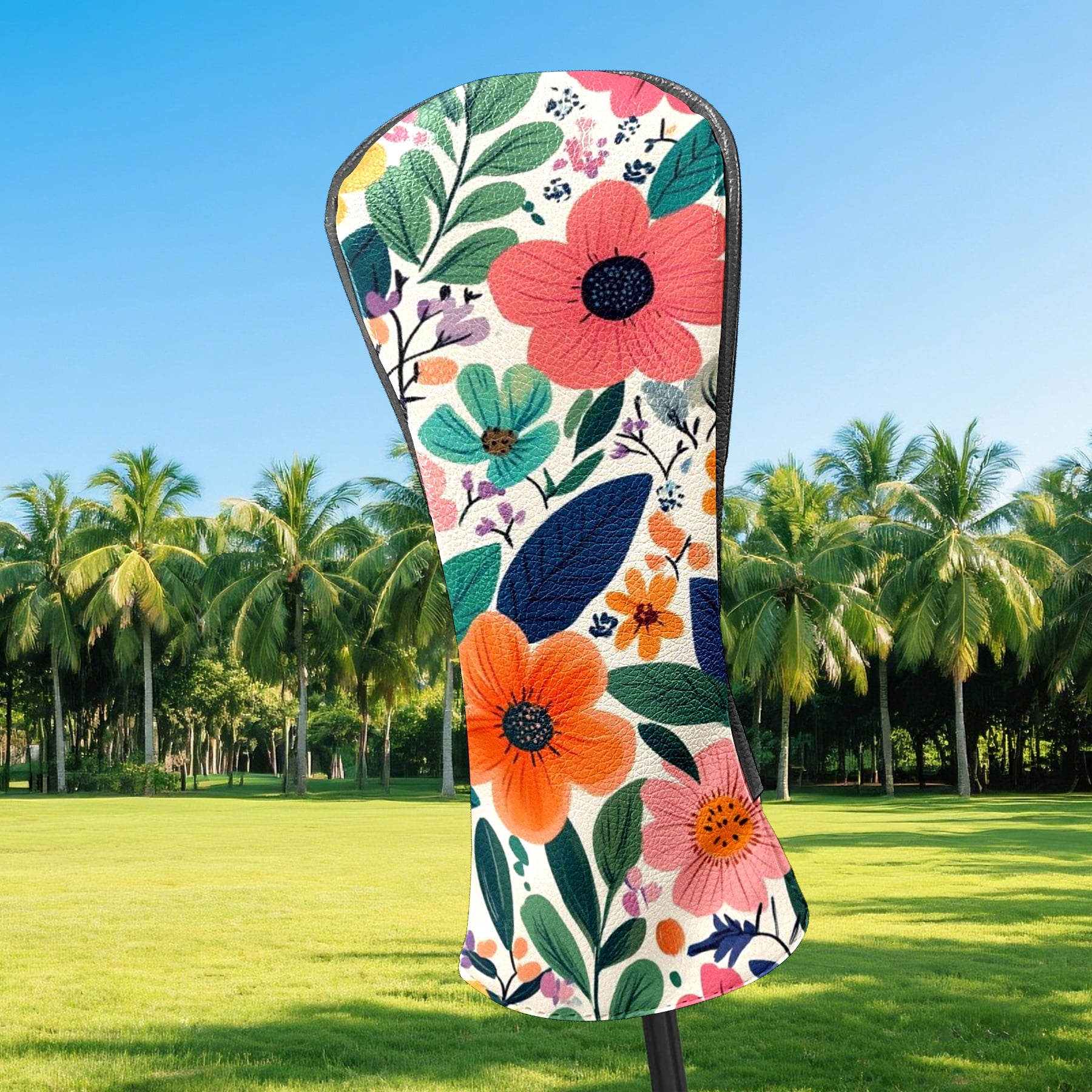 Golf Head Covers Botanical Leaves & Flowers Design for Driver, Wood & Hybrid, Premium Waterproof PU Leather with Plush Lining, Unique Golf Gifts