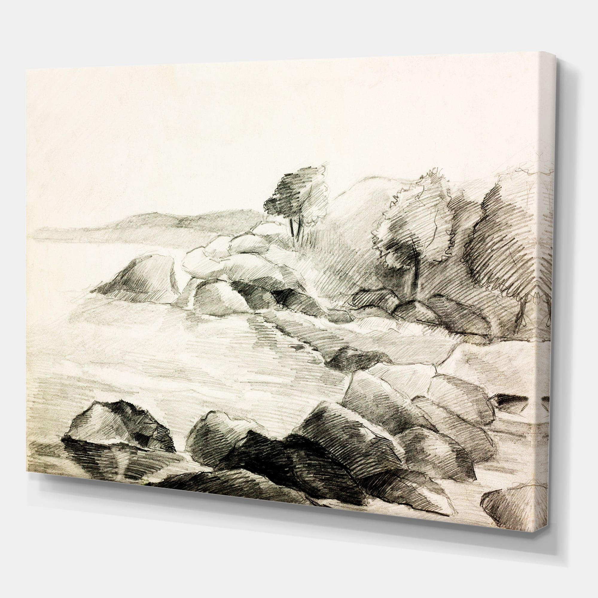 Designart ' Black and White Lake Shore ' Nautical & Coastal Canvas Wall Art Print