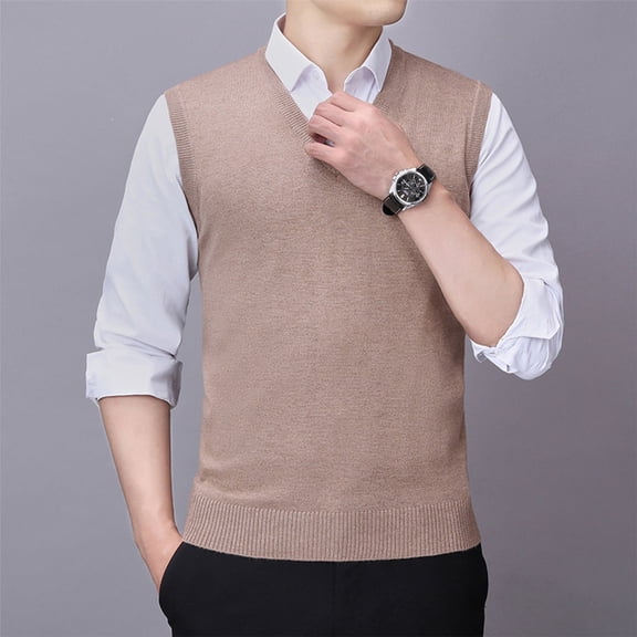 FSYBOA Men's Sweater Vests Size 2XL, Pullover Casual Winter Knitted Men's Sleeve Sweater Khaki