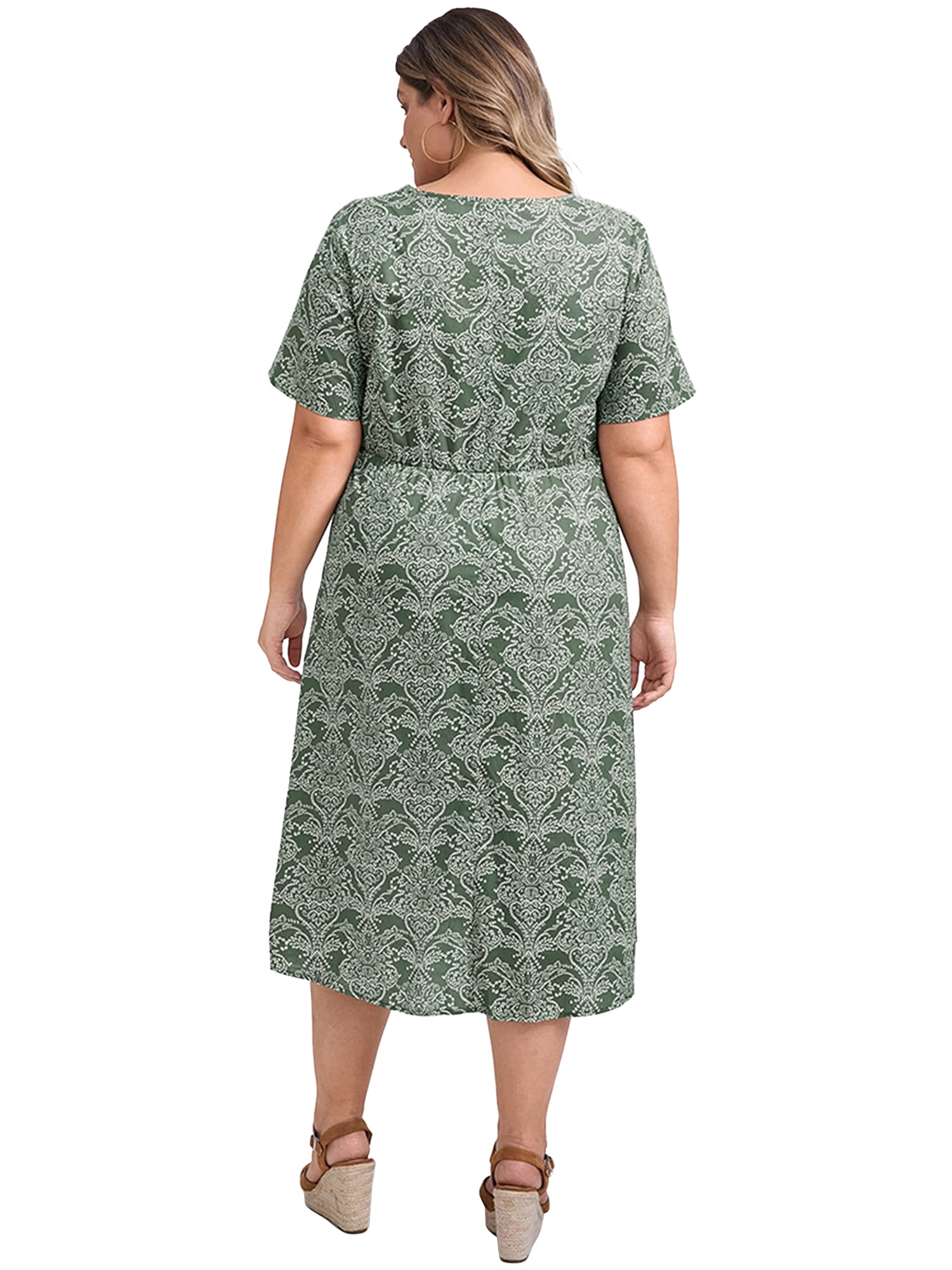 DARING DIVA Plus Size Floral Print V Neck Beach Vacation Midi Dress 3X Gray Green