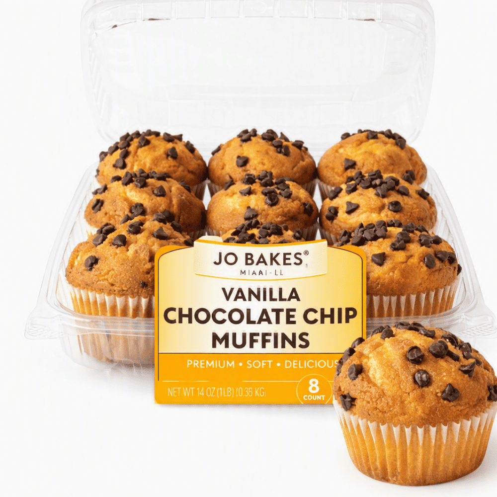 JO BAKES Vanilla Chocolate Chip Muffins, Soft & Moist Bakery Style, Perfect for Breakfast & Snacks, 8 Count