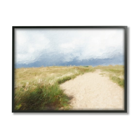 Stupell Coastal Sandy Path Cloudy Sky Landscape Painting Black Framed Art Print Wall Art