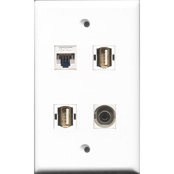 RiteAV - 2 Port USB A-A and 1 Port 3.5mm and 1 Port Cat5e Ethernet White Wall Plate