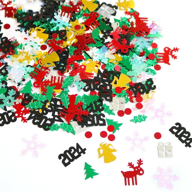 Paquete de 6 confeti navideños, copos de nieve, pino, alfabeto de Feliz Navidad, confeti de mesa de alce, juego de decoración navideña brillante para decoraciones de fiestas navideñas