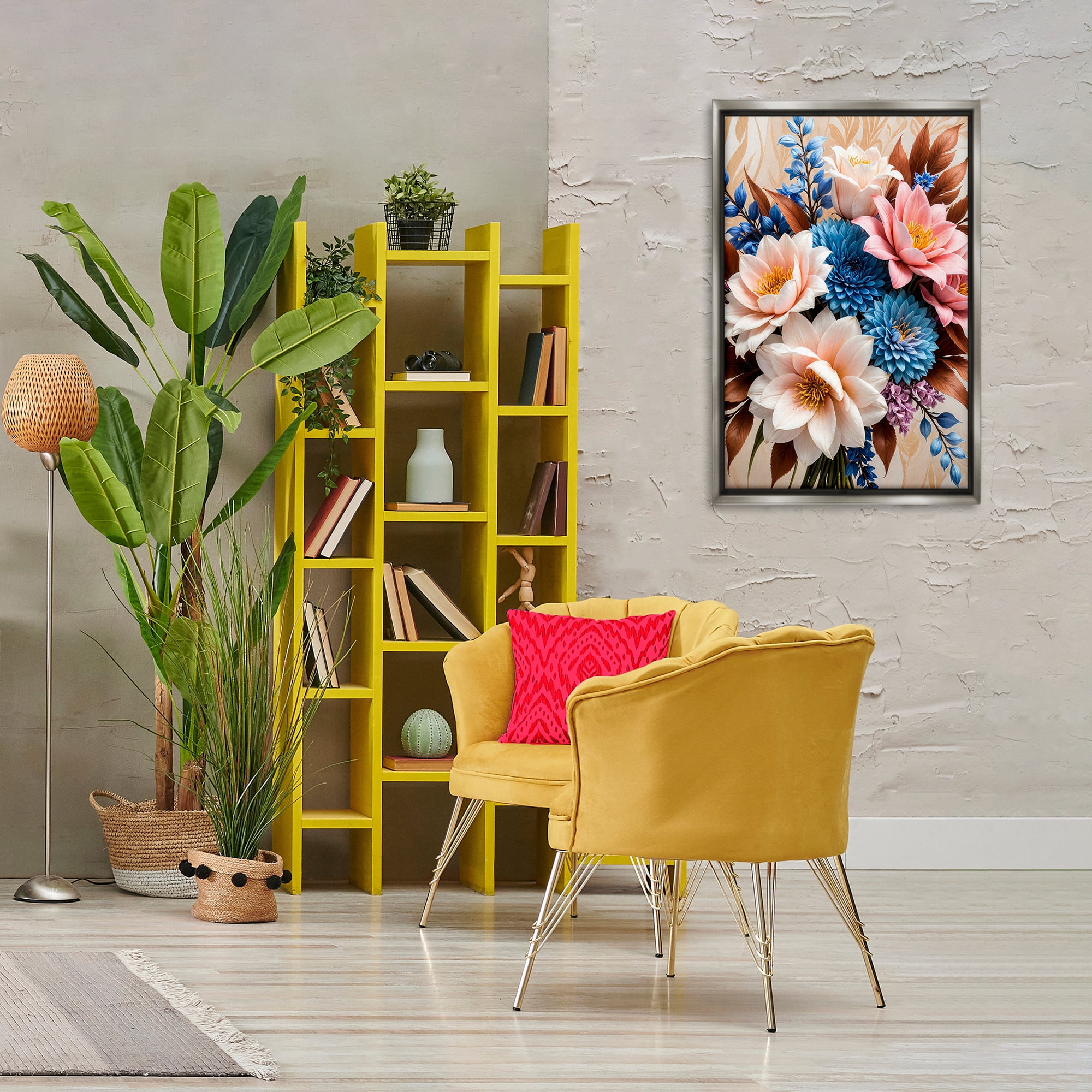 Stupell Industries Pink & Blue Mixed Bouquet Plants & Flowers Painting Gray Floater Framed Canvas Art Print Wall Art, 21 x 31