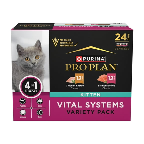 Purina Pro Plan Vital Systems Chicken and Salmon Entree Wet Kitten Food Variety Pack 4-in-1 Muscles, Brain, Immune and Bone, 3 oz Cans (24 Pack)