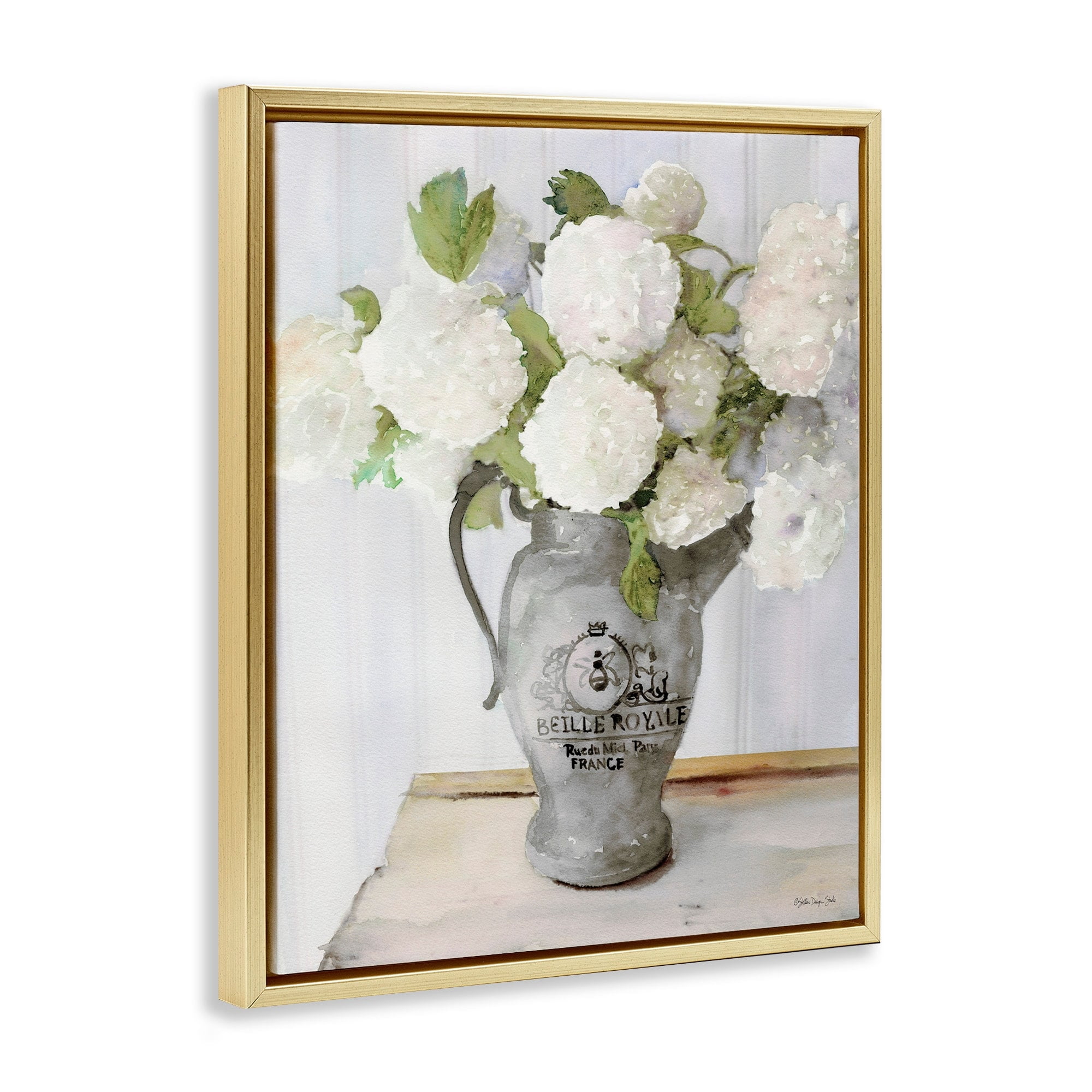 Stupell Industries White Hydrangea in French Country Pitcher Still Life Metallic Gold Framed Floating Canvas Wall Art, 16x20, by Stellar Design Studio