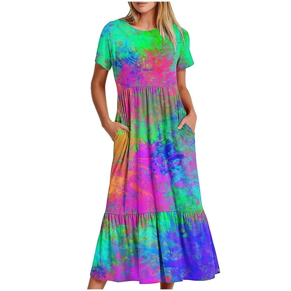 Wycnly Summer Dresses for Women Maxi Dress for Women Loose Flowy Pleated Swing A Line Maxi Dress with Pocket Girls Casual Tie-Dye Print Round Neck Short Sleeve Long Sun Dress