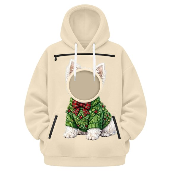 FUYUDY Pet Carrier Sweatshirt for Women Christmas Pet Carrying Hoodie Long Sleeve Pullover With Zipper Pockets For Cats